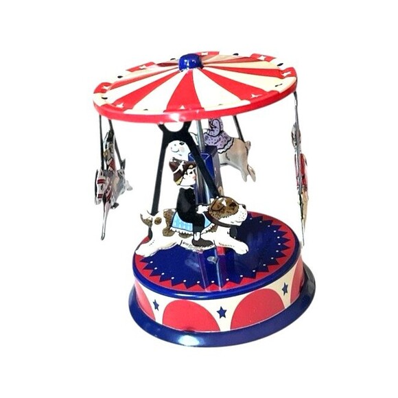 Vintage 1999 Schylling Pull & Spin Classic Tin Carousel Toy Dog Pig Rabbit Horse - Picture 3 of 7